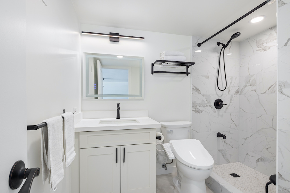 Modern bathroom with a walk-in shower.