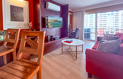 Living Area with TV, Desk, and Sofa Bed