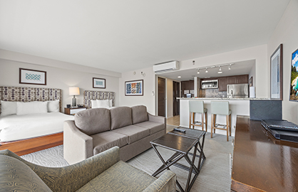 Open Condo Layout with Kitchen and Living Area